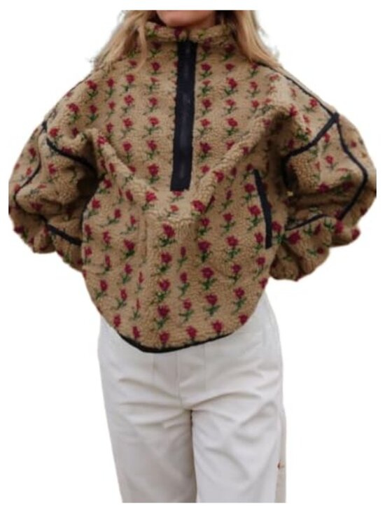 Jackets & Blazers - Womens Oversized Sherpa Fleece Floral Half Zip Sweatshirt Jacket